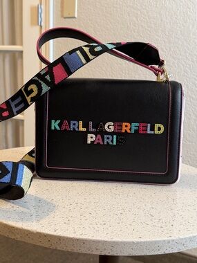 Karl Lagerfeld Black Crossbody with Multicolor Logo and Strap